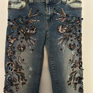 Embellished Blue Boot Cut Women's Jeans with Sequin Floral Detail